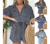 Conjunto de 2 piezas de camisa y pantalones cortos desgastados para mujer, conjunto de solapa con un solo pecho, manga corta, bolsillo en el pecho, cordón ajustable, cintura alta elástica, pantalones cortos sueltos, vaquera XXXL