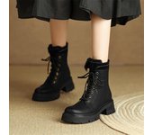 Meotina Botas cortas hasta el tobillo de cuero genuino para mujer, plataforma con punta redonda, tacones altos gruesos, botas de combate de piel con cordones, zapatos de mujer para invierno 34 marrón