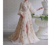 Vestido de gasa con mangas farol y lentejuelas 2024, cuello alto y abertura Large beige