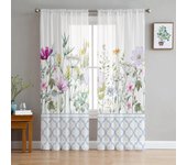 Cortinas transparentes de tul blanco con diseño de flores silvestres de primavera de Marruecos azul para decoración de sala de estar, ventana, cocina W135 x H115cm x1&Rod Pocket