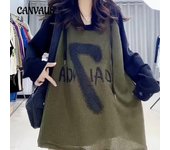 Top de manga larga con estampado de letras y patchwork para mujer, talla grande, otoño L caqui