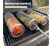 Cesta de barbacoa redonda de acero inoxidable con ruedas, cesta de parrilla cilíndrica de malla de alambre, rejilla portátil para barbacoa de camping al aire libre Large