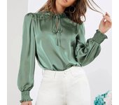 Camisa de mujer de primavera nueva elegante color sólido cuello redondo manga larga corbata blusa recta de satén S rojo rosa