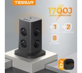 Tessan Regleta de enchufes de torre con cable de extensión USB de 2 m, color negro, con protección contra sobretensiones, enchufe europeo, toma de corriente de torre 8 Outlet&2 USB-A&1 USB-C negro