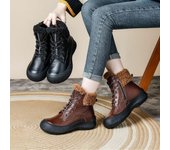Botas de nieve con plataforma gruesa para mujer, botines cálidos de invierno con forro de piel, zapatos con cremallera lateral, botas cortas antideslizantes con cordones de cuero para caminar para mujer 35