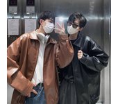 Chaqueta de cuero negra coreana para mujer, chaqueta larga de otoño para hombre, chaqueta de motociclista con cremallera, ropa de calle, abrigo holgado Harajuku para hombre M negro