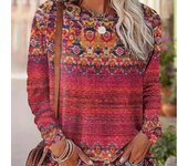 Tops para mujer, camiseta de manga larga con cuello redondo y estampado de flores de tótem colorido, jersey ajustado informal de otoño, top de manga larga para mujer XS color rosa