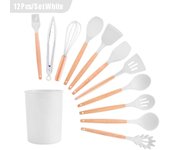 Juego de utensilios de cocina de silicona, utensilios de cocina antiadherentes, espátula, pala, batidores de huevos, mango de madera, juego de herramientas de cocina color rosa