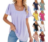Blusas y camisas de cuello cuadrado de manga corta con estampado de Color sólido informal de verano a la moda para mujer S rosa de barbie