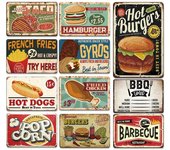 Letreros de metal con hamburguesas frescas de hot dogs, carteles vintage de barbacoa, decoración de pared para el hogar, cocina, pintura con placa de hierro, placas para tiendas de comida rápida XL blanco