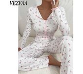 VEZFAA Moda mujer Casual primavera otoño estampado de flores estampado manga larga cuello POLO pantalones pantalones trajes S negro