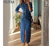 VEZFAA Vestidos casuales de cintura alta con cuello tipo polo y manga larga con estampado de colores sólidos para primavera y otoño para mujer S azul oscuro