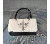Bolso de mano gótico Y2k para mujer, de felpa suave, con apliques cruzados, cadena de hombro, estilo hip hop americano, bandolera para chicas 18X11cm blanco negro