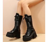Botas de moto punk para mujer, de charol, con cuña y plataforma, hasta la pantorrilla, con cordones y tacón grueso, estilo gótico, 2024 35 negro mate