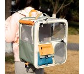 Transportín grande para gatos con ventana de alimentación portátil, mochila de viaje para mascotas, transpirable, con bolsillos para bocadillos, bolsa de transporte tipo nido para gatos beige