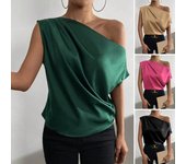 Camisa informal para mujer, Top irregular con cuello barco y hombros descubiertos, blusa de seda simulada sin mangas, Tops de citas de satén suave S