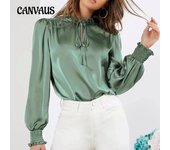 Camisa de mujer de primavera nueva elegante color sólido cuello redondo manga larga corbata blusa recta de satén S rojo rosa