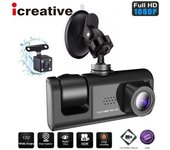 Icreative Car DVR 3 cámaras Full HD 1080P cámara DVR de doble lente para coche pantalla IPS de 2,0 pulgadas cámara grabadora trasera delantera