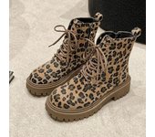 Botas de invierno de tacón cuadrado a media pantorrilla para mujer 2024, zapatos de moda de goma PU para mujer, botas de punta redonda con cordones, zapatos para mujeres 39 de impresión de leopardo