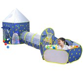 Tienda de juegos para niños 3 en 1, túnel de rastreo y piscina de bolas con aro de baloncesto, tienda espacial con cohete para niños azul