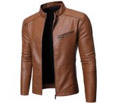 Chaqueta de cuero de motocicleta para hombre Chaqueta de cuero lavada de color sólido con cuello alto 3XL negro
