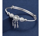 Brazalete de plata de ley s925 de tamaño ajustable, atrapasueños, borla, pluma, cuentas redondas, pulsera, joyería para mujer, boda