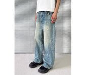 Pantalones vaqueros de color claro lavados de estilo urbano americano para hombre y mujer, de pierna recta, ligeramente acampanados, holgados y de pierna ancha, para otoño e invierno. S azul