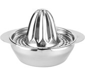 Exprimidor manual de acero inoxidable para frutas, limones y naranjas con recipiente, colador y herramienta de cocina.