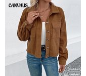 Abrigo de otoño e invierno para mujer, chaqueta de solapa de pana, chaqueta de bolsillo tipo cárdigan marrón Vintage S marrón