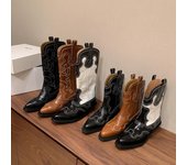 Botas vaqueras francesas con cuello en V bordado en blanco y negro, estilo Mi Jie, de tubo medio-alto, para mujer europea y americana. Brown short velvet lining. 38 marrón