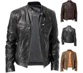 Chaqueta de cuero delgada con cuello levantado para hombre, chaqueta de cuero decorativa con bolsillo con cremallera, ropa de motociclista, primavera L marrón