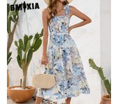 GMXIA Nuevo vestido de tirantes con estampado floral Vestido de verano Vestido de viaje casual de vacaciones S azul