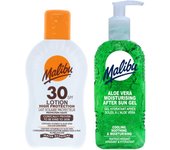 Malibu spf30 bálsamo resistente al agua 200ml + gel de aloe después del bronceado 200ml