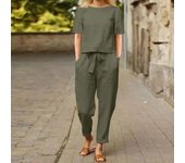 Verano Mujer Blusa de manga corta pantalones Harem conjuntos 2 uds chándal sólido conjuntos de dos piezas conjunto suelto Casual conjuntos a juego S caqui