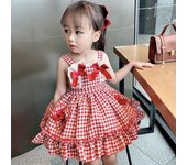 Vestido para niños, vestido con estampado a cuadros, sin espalda, sin mangas, vestido para niñas, vestido de princesa con decoración de encaje y lazo 9