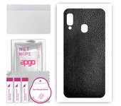 apgo Protective Skin Sticker for the back compatible with Samsung Galaxy A20e, Wrap Film, Foil, Vinyl - Pattern Black Leather