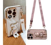 Funda de teléfono con cordón para pulsera, soporte de oso de arena movediza 3D para iphone 15, 14, 12 Pro Max, MiNi 11, 13, XS, XR, 7, 8 Plus For iPhone 12 blanco