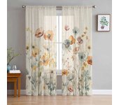 Cortinas transparentes vintage con diseño de hojas y flores de acuarela para sala de estar, cocina, dormitorio, cortinas de gasa de tul 135W x 114H(cm)