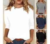 Camiseta informal para mujer, jersey de manga 3/4 con cuello redondo, Tops tipo túnica ajustados de Color sólido, camiseta elástica, ropa de calle S gris
