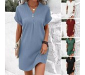 Vestido de verano para mujer, cuello en V, botones, mangas cortas, jersey holgado de Color sólido, ropa informal diaria, minivestido S rojo rosa