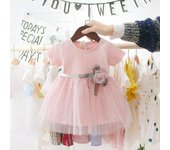 Vestido de princesa dulce de manga corta con costuras de malla bonito de algodón para niñas de verano para niños L color rosa