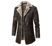 2024 Chaqueta de cuero PU de lana gruesa y larga de invierno para hombre, nueva chaqueta de cuero cortavientos con cuello de traje de moda de invierno para hombre M negro