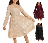Vestido de lentejuelas para niñas Primavera Otoño Mangas largas Dobladillo con volantes Cuello redondo Color sólido Elegante Una línea Swing Niños Niños pequeños Fiesta Mini vestido de princesa 9-10 Years