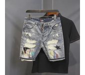 Pantalones cortos de mezclilla desgastados con lavado claro y parches de moda para hombre, estilo veraniego de 5 puntos. 31 azul