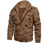 Otoño e Invierno Abrigo Engrosado de Terciopelo con Capucha para Hombres Chaqueta lavada de Ropa de Trabajo de Longitud Media de algodón para Hombres M caqui