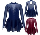 Vestido de patinaje sobre hielo con empalme de malla brillante para niñas, leotardo de danza gimnástica, falda tutú, Ropa de baile para actuación 10-12 Years borgoña