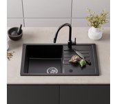 Fregadero de cocina de granito de 78 x 45 cm con escurridor negro antracita.