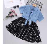 Traje de niña primavera verano chaqueta vaquera de manga corta + falda de lunares 110cm blanco
