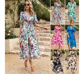 Vestido de verano europeo y americano con cintura envuelta y cuello en V, vestido largo estampado S negro