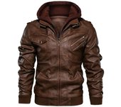 Nueva chaqueta de cuero para hombre, chaqueta de cuero de motorista informal de otoño e invierno, chaqueta con capucha extraíble para hombre S negro